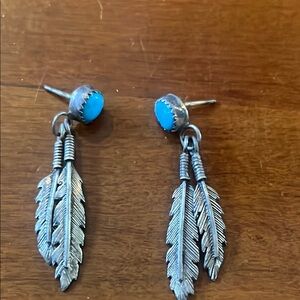 Sterling Silver Feather Earrings authentic Turquoise stones